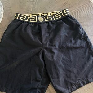 Versace Black Swim Shorts with Gold Greek Key Waistband